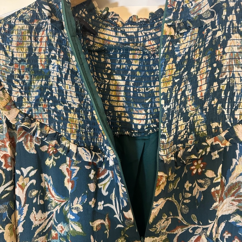 Fate Floral Smocked High Neck Lined Boho Mini Dress Sheer Long Sleeve, Size S - Picture 6 of 6